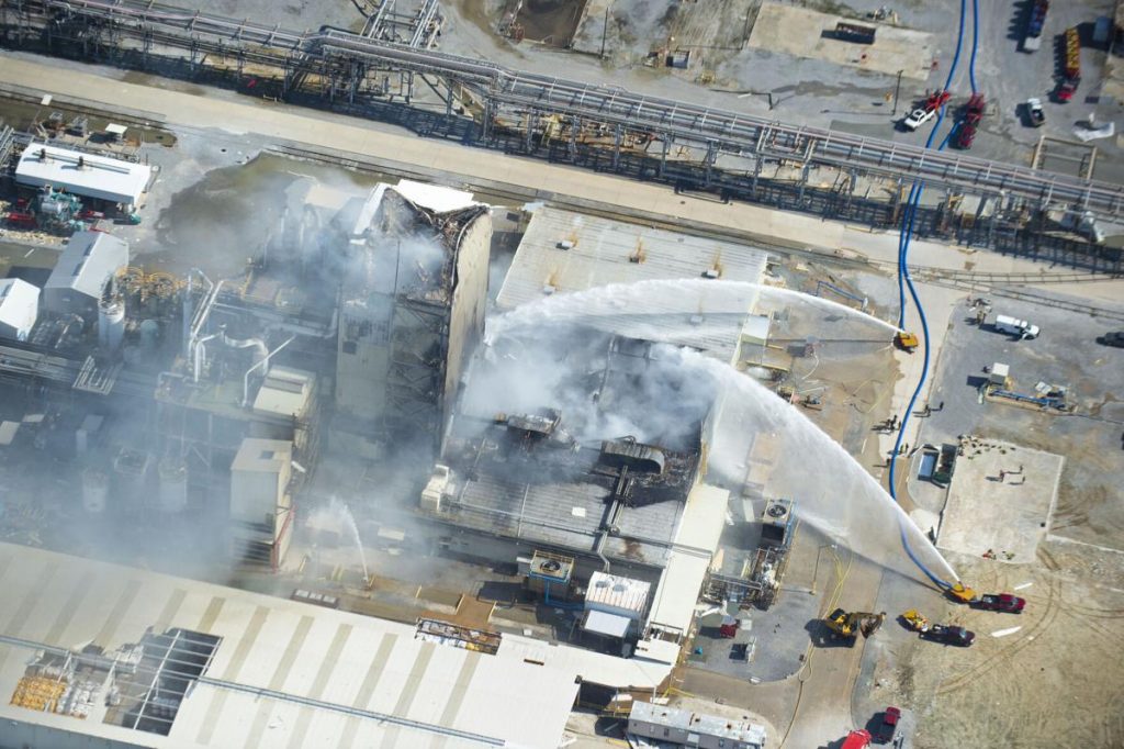 A photograph of the 2020 Biolab fire, resulting in a nationwide chlorine shortage.
