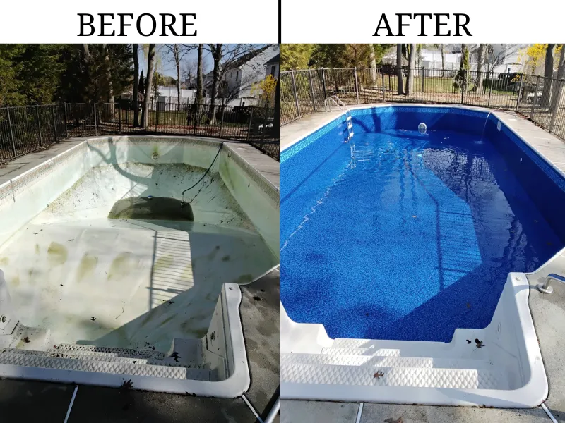 Side-by-side comparison showing an empty, dirty pool on the left labeled "Before" and a clean, filled pool on the right labeled "After.