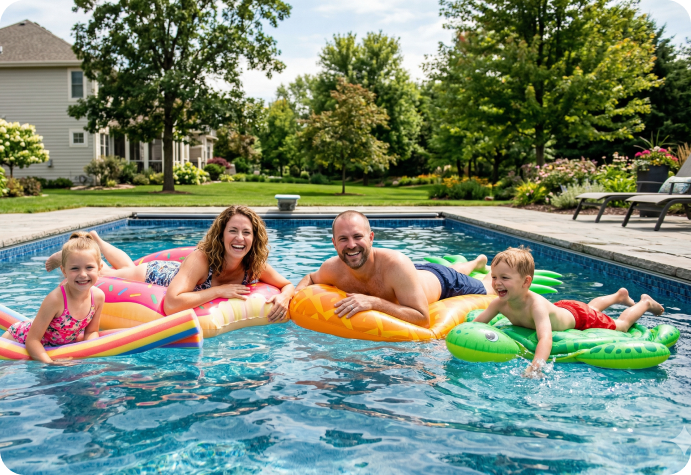 Two adults and two children are smiling while lounging on colorful pool floats in a backyard swimming pool on a sunny day.